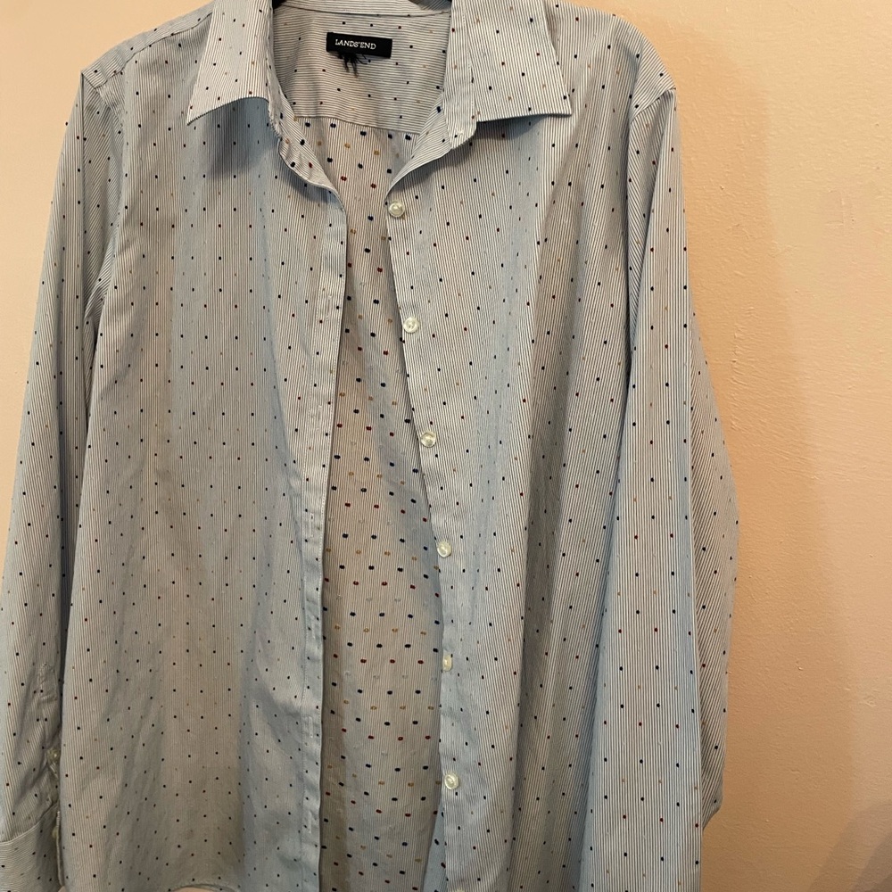 Lands' End Blue Polka Dot Women's Button Down Shirt